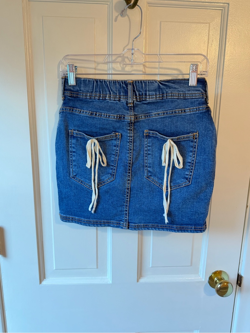 Denim Mini Skirt with Tie-Back Pockets - Blue